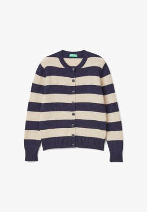Gestreepte cardigan in marineblauw en crème, gemaakt van zacht materiaal, met een ronde halslijn, geribbelde boorden en zes knoopsluitingen aan de voorkant.