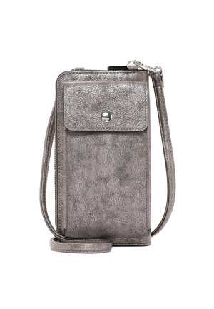 Metallic silver crossbody bag with a textured surface, a front snap pocket, zipper closure, and an adjustable strap.
