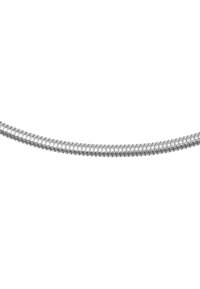 Tubo metallico flessibile e intrecciato con una finitura argentata lucida, caratterizzato da una serie di segmenti interconnessi per flessibilità e resistenza.