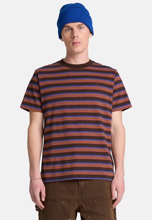 Młody mężczyzna noszący niebieską dzianą czapkę oraz brązowo-niebieski poziomo paskowany t-shirt z brązowymi spodniami, stojący na jednolitym tle.