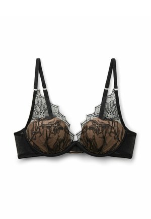 Schwarzer Spitzen-BH mit transparenten, dreieckigen Cups, floralen Mustern und verstellbaren Trägern. Verfügt über ein unterlegtes Bügel-Design und goldfarbene Akzente.