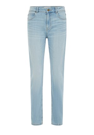 Jeans en denim bleu clair avec une coupe droite, cinq poches et une fermeture à bouton unique en métal à la taille. Texture lisse, décoloration minimale.