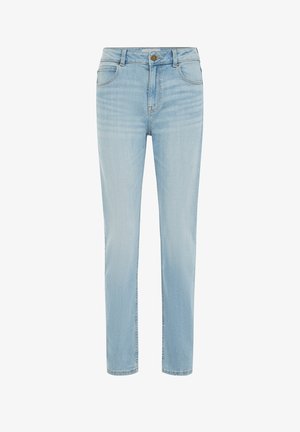 Hellblaue Jeans aus Denim mit geradem Bein, fünf Taschen und einem einzelnen Metallknopfverschluss an der Taille. Glatte Textur, minimale Ausbleichung.