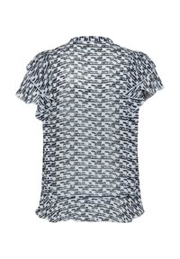 Blusa a righe bianche e nere con maniche a volant, tessuto trasparente e vestibilità morbida, caratterizzata da un design testurizzato a linee verticali e pois.