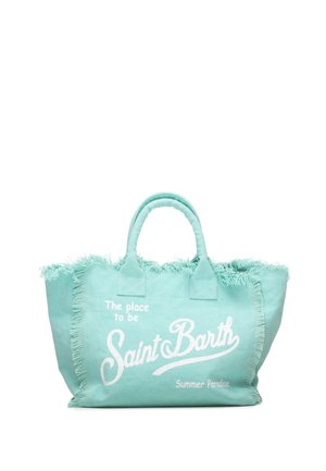 Borsa in tessuto turchese chiaro con bordi sfrangiati, due manici e scritta bianca "The place to be Saint Barth Summer Paradise."
