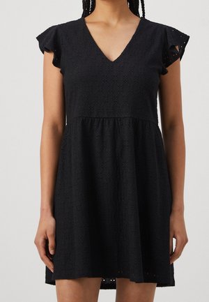 Black eyelet dress with a V-neck, short flutter sleeves, and a flared skirt. Fabric features detailed cutouts with a textured finish.