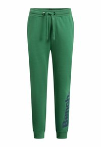 Gröna joggingsbyxor med dragsko i midjan, smalnande anklar, sidofickor och "Bench." logo tryckt vertikalt på vänster ben.