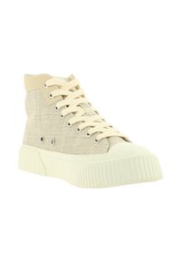 Beige High-Top-Sneaker aus strukturiertem Canvas mit cremefarbenen Schnürsenkeln, Gummisohle und silbernen Ösen für die Schnürung. Runde Zehenform.