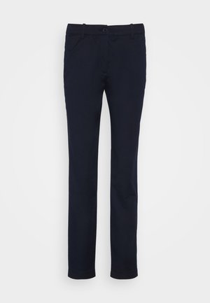 Navy sininen puuvillachino-housut slim fit -leikkauksella, jossa on normaali vyötärö, etu- ja takataskut sekä sileä pinta.