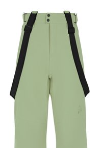 Pantalons imperméables vert clair avec des bretelles noires ajustables et des fermetures à pression, présentant des coutures renforcées et un design minimaliste.