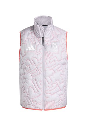 Weißes ärmelloses gesteppte Weste mit Frontreißverschluss, dezenten roten Nähmustern, Adidas-Logo und Team Dänemark Olympisches Emblem auf der Brust.