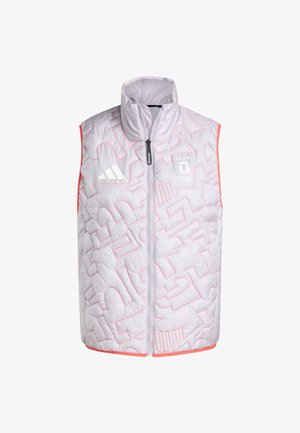 Weißes ärmelloses gesteppte Weste mit Frontreißverschluss, dezenten roten Nähmustern, Adidas-Logo und Team Dänemark Olympisches Emblem auf der Brust.