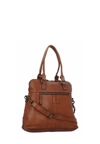 Borsa a tracolla in pelle marrone con manici superiori doppi, tracolla regolabile, tasca frontale con zip e dettagli testurizzati.