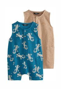 Pichones de tirantes en azul y beige; azul con estampado de lagartos, dos bolsillos frontales y botones de madera. El beige tiene un diseño simple, sin bolsillos.