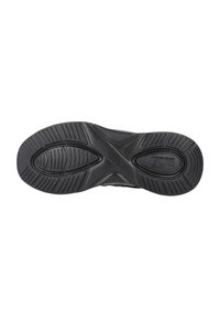 Sola di scarpa sportiva nera con gomma testurizzata, caratterizzata da scanalature diagonali e motivi ovali per la presa. Punta arrotondata e design flessibile.