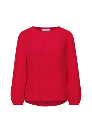 Blusa roja de manga larga con cuello redondo, cierre de botones en la parte delantera, mangas ligeramente fruncidas y un dobladillo curvado.