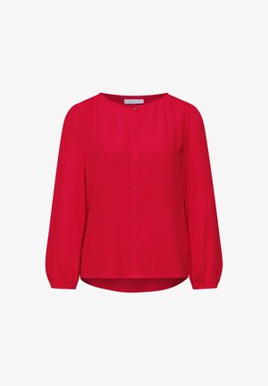 Blusa roja de manga larga con cuello redondo, cierre de botones en la parte delantera, mangas ligeramente fruncidas y un dobladillo curvado.
