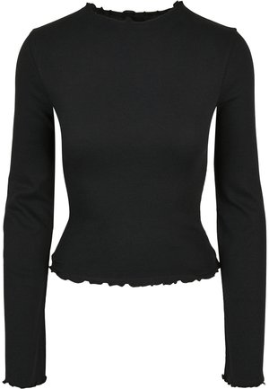 Schwarzes, langärmeliges, geripptes Top mit hochgeschlossenem, wellenförmigem Kragen, Saum und Bündchen, figurbetonte Silhouette.