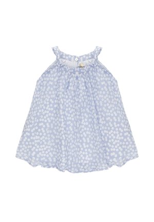Vestitino azzurro chiaro senza maniche per bambino piccolo con piccolo motivo floreale bianco e collo arricciato, chiusura con bottoni sul retro.