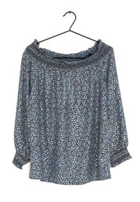 Bluse mit blauem Muster und schulterfreiem Ausschnitt, mit Rüschendetails an den Bündchen und einem elastischen Band am Ausschnitt.