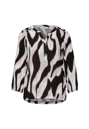 Bluzka z długim rękawem z abstrakcyjnym zwierzęcym nadrukiem w kolorach czarnym, białym i beżowym, z okrągłym dekoltem i plisą na trzy guziki.