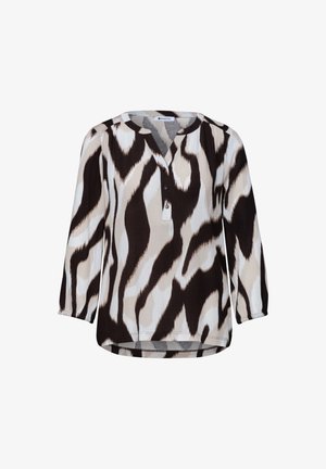 Blouse met lange mouwen met zwart, wit en beige abstract dierenprint, ronde hals en een knoopsluiting met drie knopen.