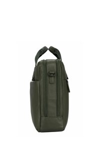 Grüne Lederhandtasche mit doppeltem Reißverschluss, Seitentasche und gepolsterten oberen Griffen. Glatte Textur mit rechteckiger Form und minimalen Details.