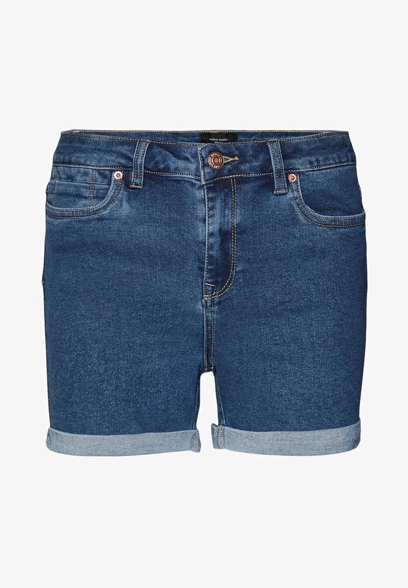 Calções de ganga em azul escuro com bainhas dobradas, apresentando cinco bolsos e um fecho de botão em latão. O tecido tem uma textura suave e uniforme.
