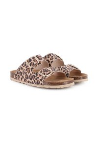Sandalias deslizantes de estampado de leopardo con dos hebillas ajustables, que cuentan con una plantilla de corcho marrón y una suela de goma texturizada.