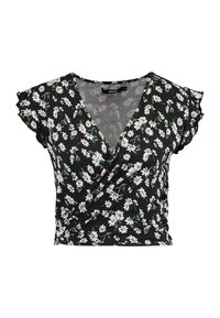 Czarna bluzka z krótkim rękawem w formie kopertowej z białym nadrukiem w stokrotki oraz lekko falbaniastymi rękawami.