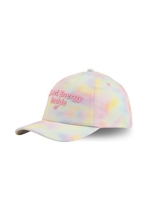 Pastelowa czapka z daszkiem w stylu tie-dye z zakrzywionym daszkiem, wypukły różowy napis „"Sweet Energy Inside 4F"” z przodu, brak widocznych osób.