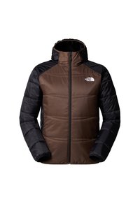 Braune und schwarze gepolsterte Jacke mit Kapuze, ausgestattet mit einem Frontreißverschluss und einem Logo auf der Brust. Kontrastpanel-Design mit gestepptem Muster.