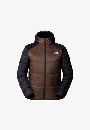 Brown and black padded jacket with a hood, featuring a front zipper and logo on the chest. Contrast panel design with quilted texture.