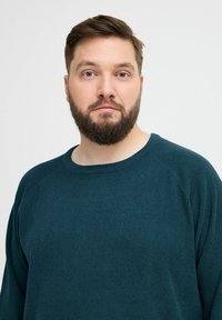 Tume teal värvi ribatud kudum, millel on ümmargune kaelus ja raglanvarrukad. Kangas paistab olevat pehme ja juhuslik. Ühtegi nähtavat mustrit või aksessuaari ei ole.