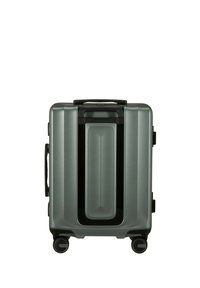 Grau hartschaliges Gepäck mit vier Rädern und integriertem schwarzen versenkbaren Griff, frontal auf weißem Hintergrund gezeigt.