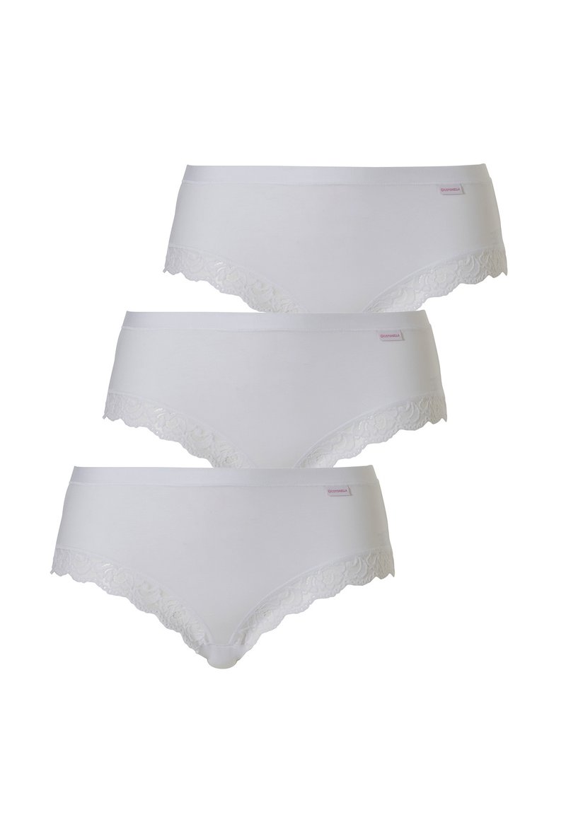 Trois paires de culottes en coton blanc avec une bordure en dentelle festonnée au niveau des jambes, dotées d'un petit label rose sur la ceinture. Texture douce.