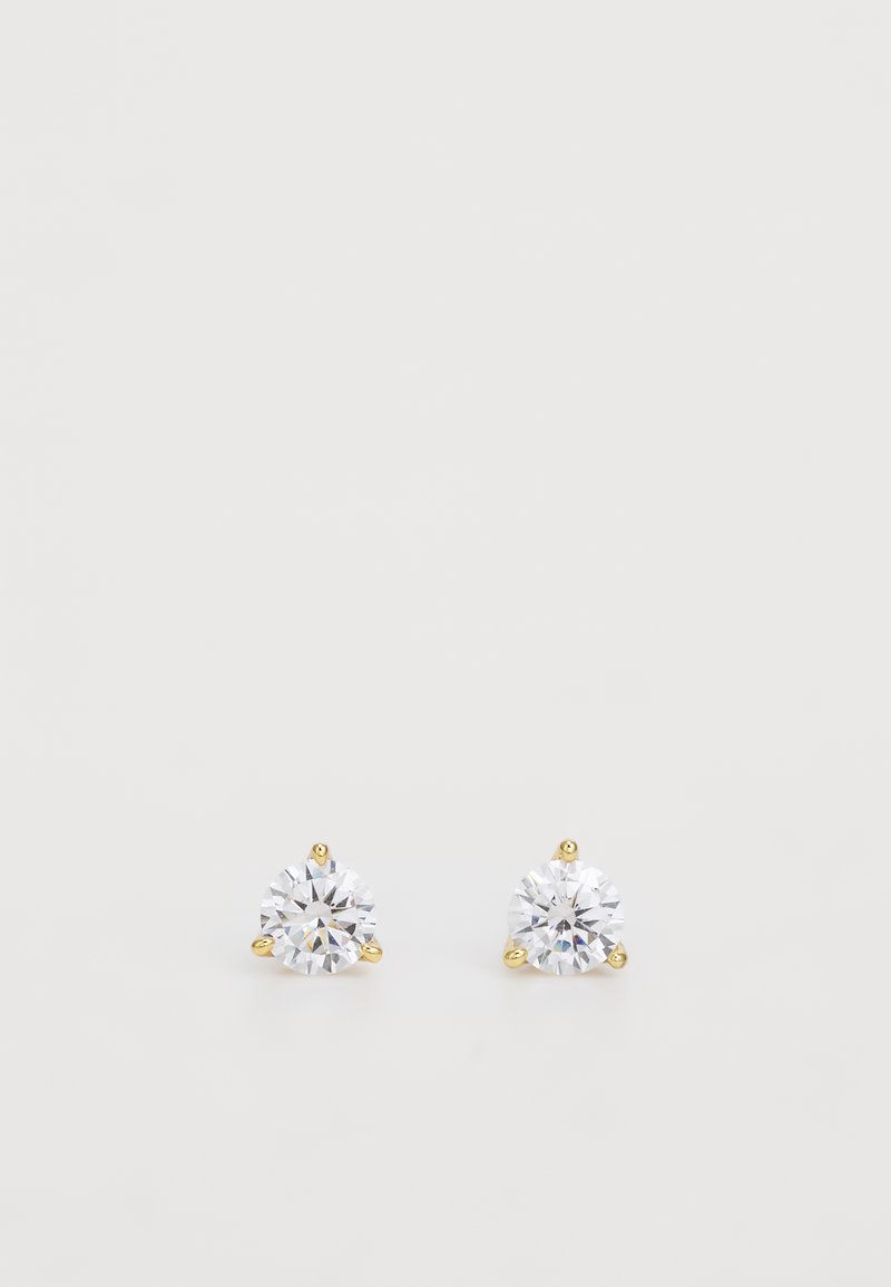 Guldstuds med runda klara ädelstenar, fyrknoppsinställningar och släta ytor i en klassisk design.