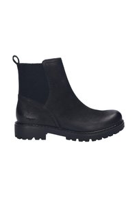 Botas negras hasta el tobillo con una parte superior de cuero suave, paneles laterales elásticos y una suela de goma texturizada. Cuenta con una lengüeta en la parte posterior.