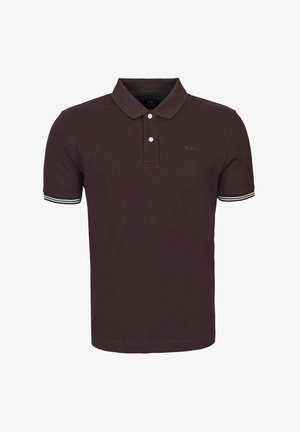 Polo de couleur bordeaux foncé avec un col classique, une patte à deux boutons, et des poignets rayés contrastés avec des accents verts et blancs.