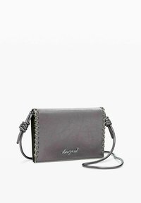 Gray leather wallet with a cracked texture, featuring stitched edges and a detachable cord strap. Small embossed logo on the front.