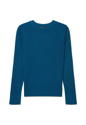 Langärmeliger Pullover mit Rundhalsausschnitt in einfarbigem Petrolblau mit gerippten Bündchen und Saum, aus weichem Strickstoff gefertigt.