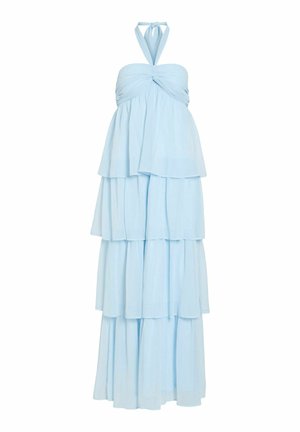 Robe maxi bleu clair à volants avec un lien noué autour du cou et un détail plissé au niveau de la poitrine.