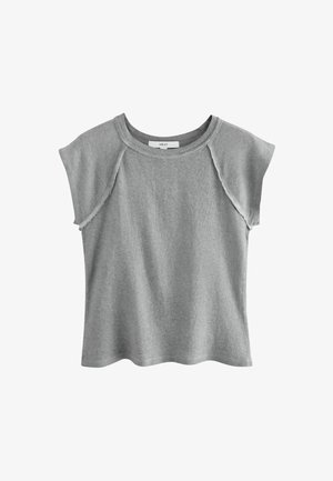 Gray short-sleeve T-shirt made of soft fabric. Features a round neckline and slightly relaxed fit. Notable raw edge detailing on sleeves.