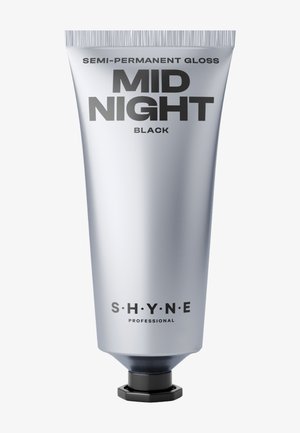 Zilveren tube met het label "MIDNIGHT BLACK" semi-permanente glans, met een zwart-wit ontwerp en een zwarte draaideksel aan de onderkant.
