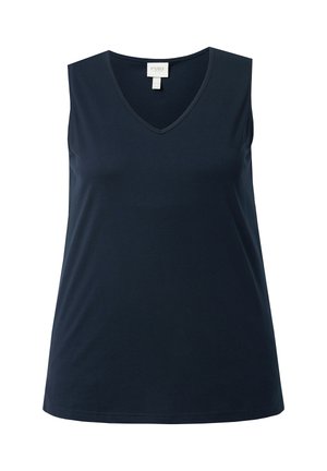 Ärmelloses Damenoberteil in Marineblau mit V-Ausschnitt, schlichtem Design und einem sichtbaren Etikett im Nackenbereich.