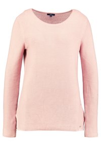 Light pink long-sleeve sweater with a round neckline, ribbed texture, side slits, and subtle logo detail near the hem.