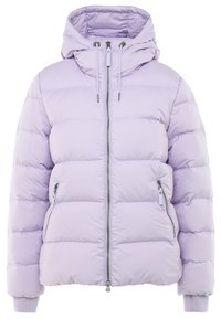 Doudoune matelassée violet clair avec capuche, fermeture éclair à l'avant, cordons de serrage, poches latérales zippées et poignets côtelés.