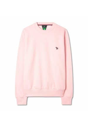 Light pink crewneck sweatshirt with ribbed cuffs and hem, featuring a small embroidered zebra logo on the left chest.