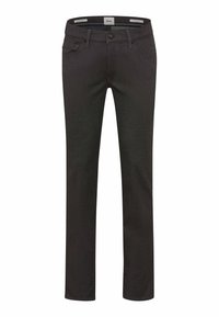 Zwarte broek van geweven stof, met een rechte snit, voorzakken en een knoopsluiting met riemlussen.