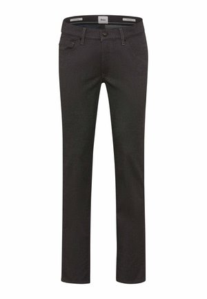 Zwarte broek van geweven stof, met een rechte snit, voorzakken en een knoopsluiting met riemlussen.